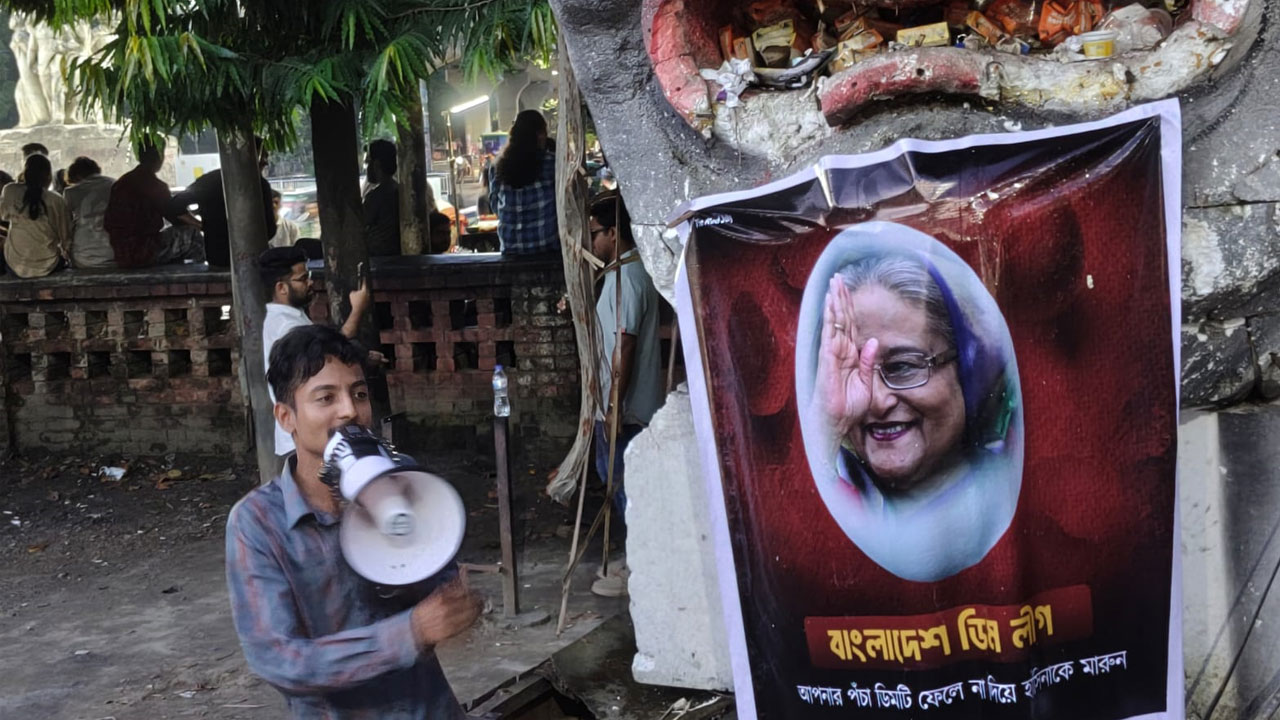 টিএসসিতে শেখ হাসিনার প্রতিকৃতিতে পঁচা ডিম নিক্ষেপ